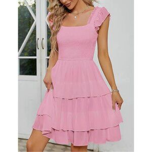 YATHON Smocked Ruffle Light Pink Mini Dress